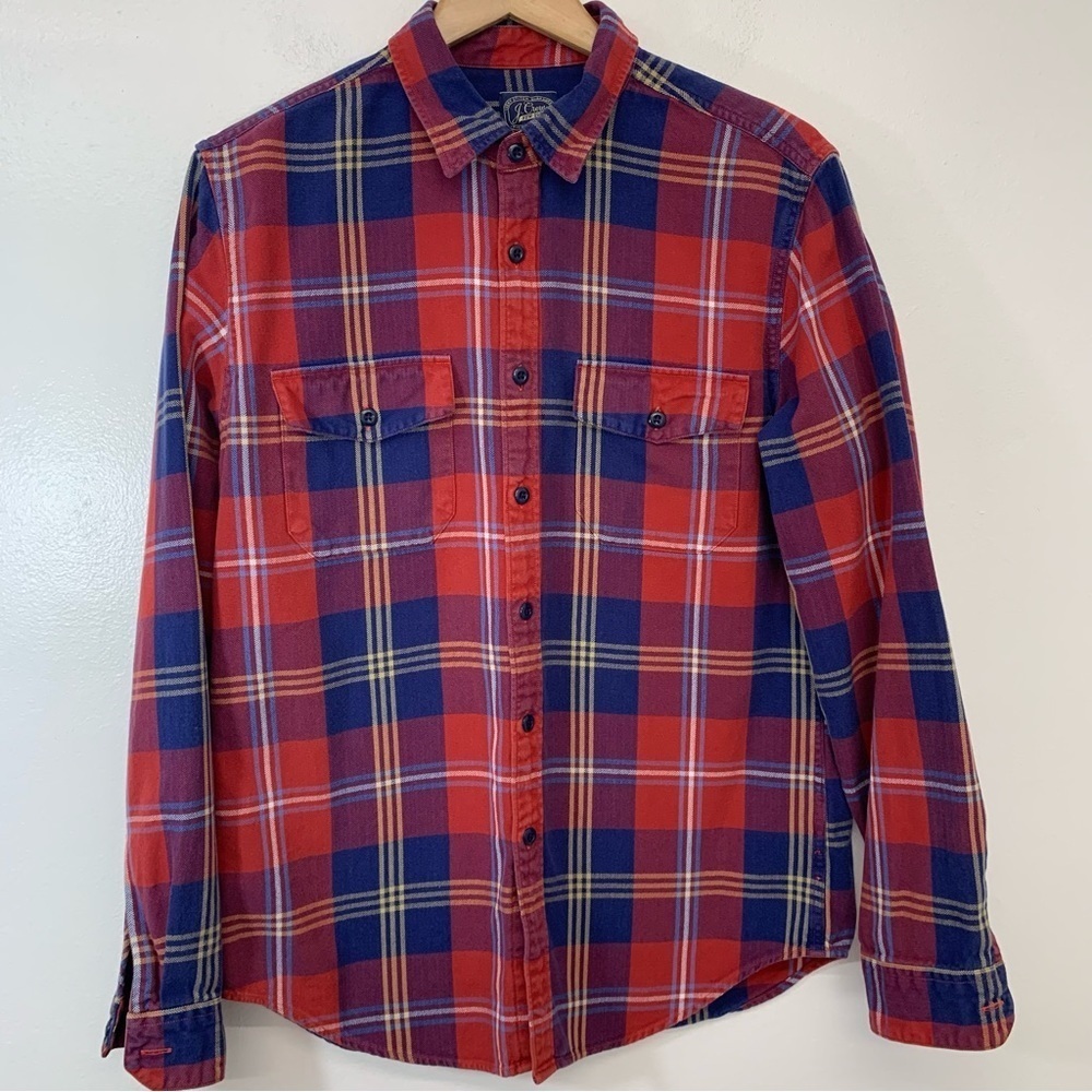 J Crew Shirt Men Size‎ Medium Cotton  Flannel Red Plaid Long Sleeve Button Front